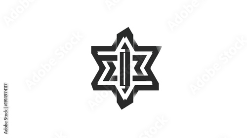 A geometric star shape composed of blocky elements with interior structure and a central pillar