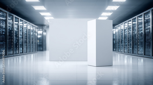Data Center Technology Showcase: a bright perspective inside a cutting-edge data center with server racks lining the walls. Two blank, geometric structures occupy the central space. 