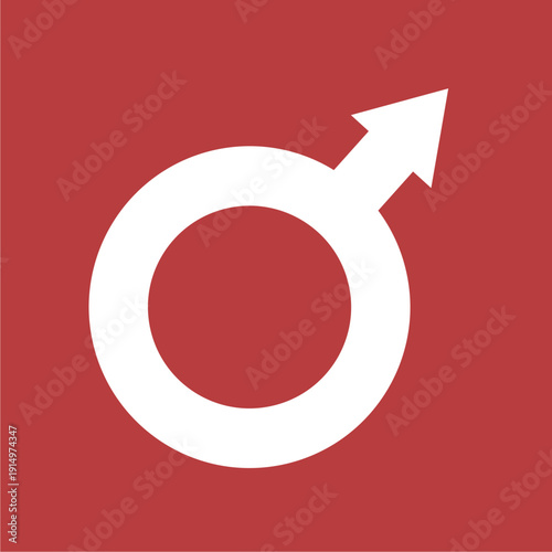 Minimalist White Mars Male Gender Symbol Featuring a Solid Ring and Diagonal Arrow Isolated on a Bold Red Square Background for Identity Representation Healthcare or Social Diversity Design