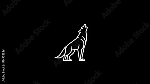 A stylized white linear illustration of a howling canine set against a dark, minimalist background