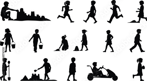 Children summer activity silhouettes collection, kids playing with sandcastle buckets running and riding go kart, black vector shadow figures isolated set