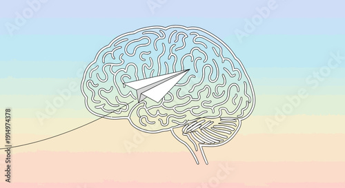 Human brain illustration with paper plane flying out, symbolizing creativity and ideas
