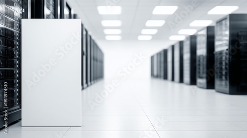 Data Center corridor with servers: A symmetrical perspective showcases a modern data center with rows of servers, emphasizing the technology and interconnectedness of information.