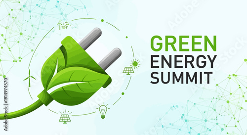 Green energy conference promotional image featuring a green leaf shaped electric plug symbolizing eco-friendly technology and sustainability initiatives