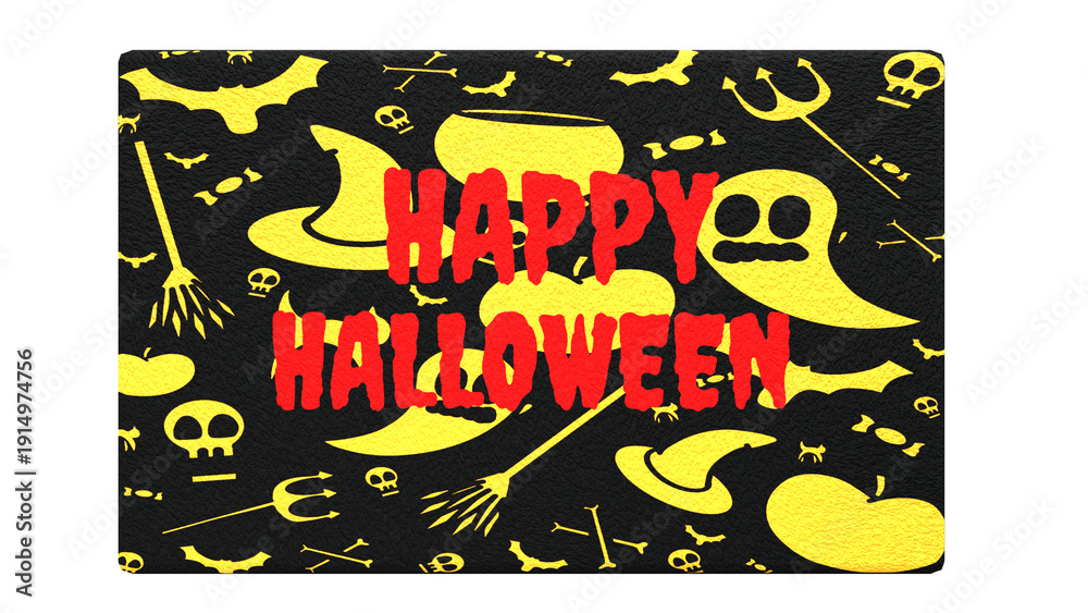Fototapeta premium Happy Halloween Typography with Spooky Icons Pattern – Ghost, Bats and Pumpkin on Dark Background
