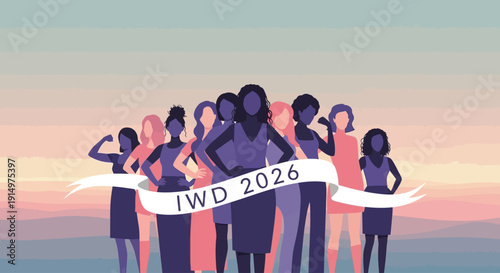 Group of women celebrating International Women's Day 2026 together at sunset with banners