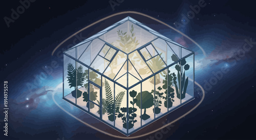 A futuristic greenhouse floating in space surrounded by lush plants and trees, viewed from an angled perspective.