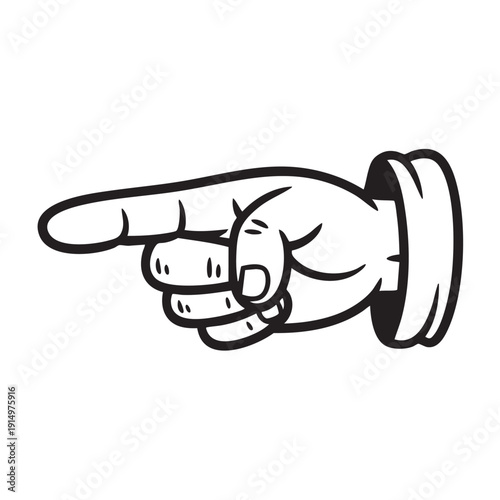 Stylized black and white cartoon hand icon pointing distinctly toward the left indicating direction or choice clearly
