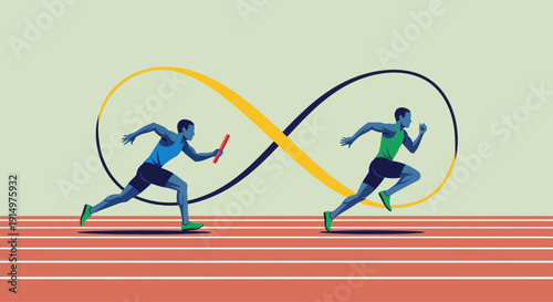 Two athletes sprinting in opposite directions on a track, forming an infinite loop, showcasing competition and speed