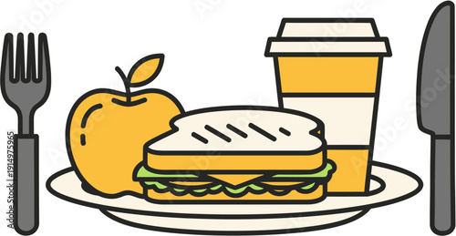 A plate of food with a sandwich, an apple, and a drink with cutlery on either side, representing a meal