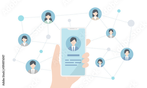 スマホを中心に広がるビジネス系人脈ネットワークのベクターイラスト。人物アイコンあり（フラットデザイン･ブルー）