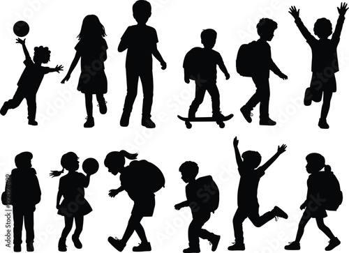 School children silhouettes collection, kids with backpacks walking playing and skateboarding, happy boys and girls black vector shadow set