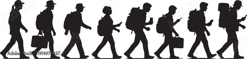 Silhouettes of people walking in a line with luggage