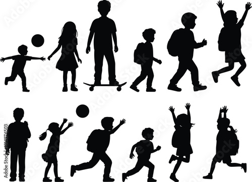 School kids silhouettes collection, children with backpacks walking running playing ball and skateboarding, black vector shadow figures set