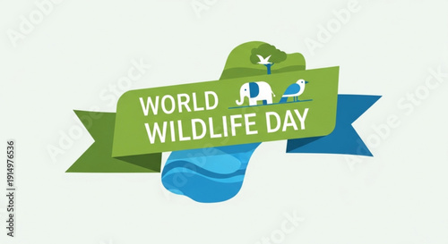 World wildlife day logo with green ribbon and animals on white background