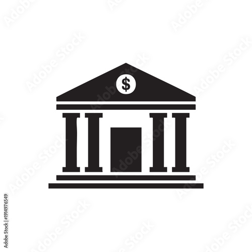 Simple black and white glyph icon representing a classic governmental or financial building facade with pillars and a dollar sign.