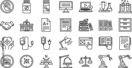 Education and Healthcare Line Icons Set with University Medical Robotics Technology Outline Vector Collection