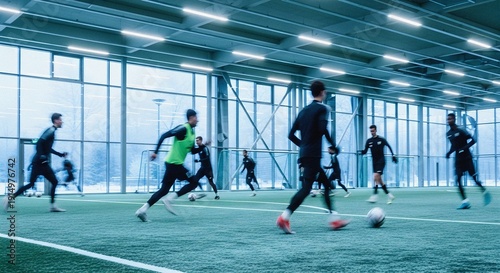 Motionblurred winter training soccer scrimmage modern indoor facility