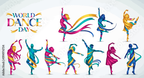Vibrant dancers performing various styles on World Dance Day, captured in a dynamic illustration from a bird's eye view