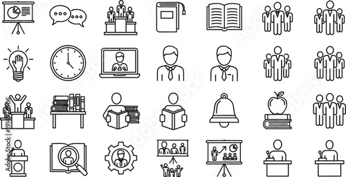 Education and Online Learning Line Icons Set with Teacher Student Presentation Outline Vector Collection