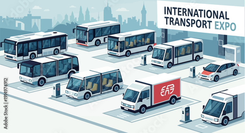 Various buses and trucks on display at an International Transport Expo with a cityscape in the background viewed from above