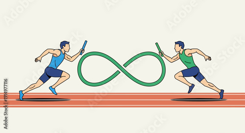 Two athletes running towards each other on a track, passing an infinity symbol, in a competitive racing scene
