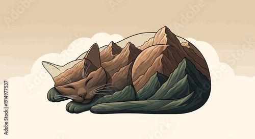 Serene mountain landscape with sleeping cat illustration from a tranquil viewpoint