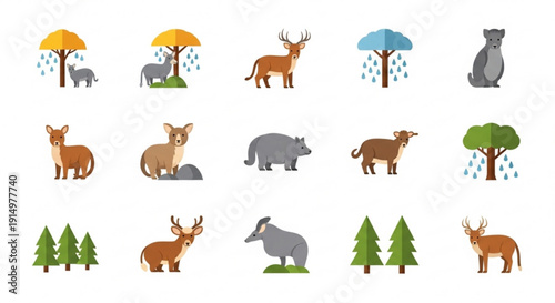 Collection of forest animals and trees in various weather conditions including deer elephants and raindrops under colorful umbrellas and pine trees on white background