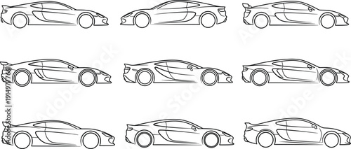 supercars, silhouettes, cars, vector, illustration, vehicle, automotive, outline, design, set, collection, modern, sport, speed, luxury, coupe, sideview, minimal, graphic, clipart