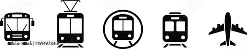 Transport icons silhouettes bus tram metro train airplane vector collection public transit vehicles black illustration isolated