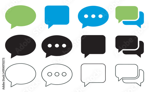 chat message speech bubble icon set, colored, solid and outline vector communication symbols on transparent background
