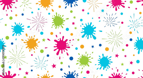 Vibrant Holi Celebration with Colorful Paint Splatters and Stars in a Joyful Atmosphere