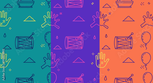 Vibrant holi celebration illustration with colorful patterns, hands, and symbols on a divided background from a direct viewpoint