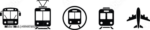 Transport silhouettes bus tram metro train airplane vector icons collection public transit vehicles black symbols illustration isolated