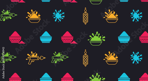 Vibrant Holi celebration pattern with colored powders, water guns, and decorative elements on a dark background, showcasing festive designs and cultural heritage.