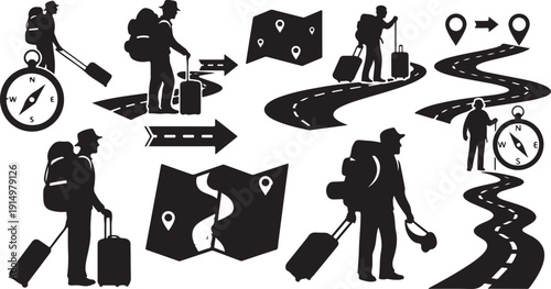 Travel and journey concepts with silhouetted travelers and maps