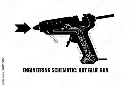 Engineering Schematic: Hot Glue Gun: An illustrative schematic, a hot glue gun in action, meticulously delineates the inner workings and components. A symbol of innovative ingenuity.