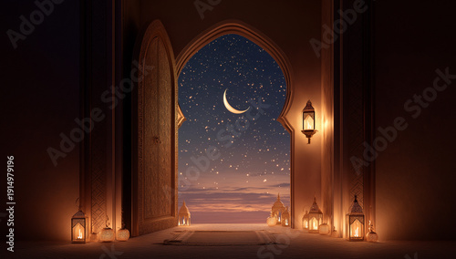 3d rendering of a beautiful open door with islamic patterns on it, a night sky background, and a lantern hanging in the room. the moon is shining brightly behind an arabic archway, with stars visible 