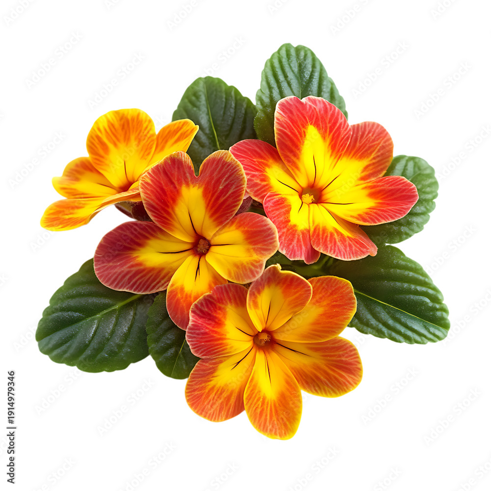 Fototapeta premium Vibrant artificial flowers with striking orange, yellow, and red hues in a bouquet arrangement isolated on transparent background