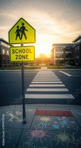 School Zone Sign Against a Beautiful Sunset and Modern Architecture Background