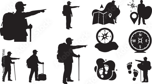 Travelers and navigation icons in black silhouette style set