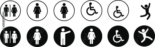 Accessibility restroom symbols icons disabled inclusive signage vector pictograms universal facilities