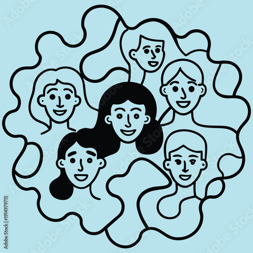 Diverse Group of People Smiling Together in Circle Formation Simple Line Art Illustration
