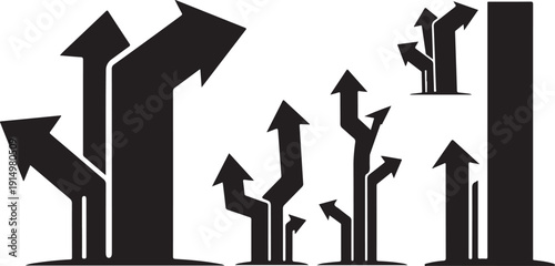 Black Arrows Pointing Upward in Various Directions and Sizes