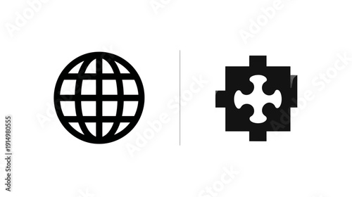 A split-screen design featuring a globe icon next to a four-part plus sign in shades of black and white