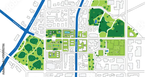 Aerial view of a city with green parks and blue rivers flowing through residential areas and roads via RJ Whisk Auto