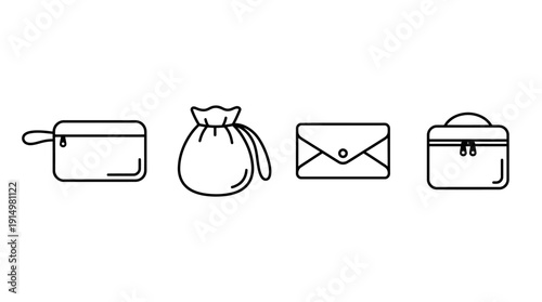 Minimalist Handbag Pouch Line Art Icons Travel Toiletry Cosmetic Bags d flat vector isolated white background
