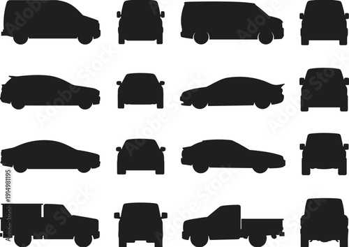 Car vehicle silhouettes sedan coupe hatchback suv pickup transport automobile vector collection black