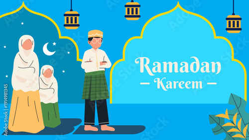 Ramadan Kareem Family Praying Together Near Lanterns Flat Cartoon Illustration