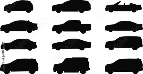 Cars silhouettes vector collection vehicles automotive transport icons black profiles set illustration isolated modern design